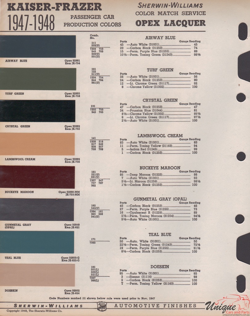1947 Kaiser Paint Charts Williams 2